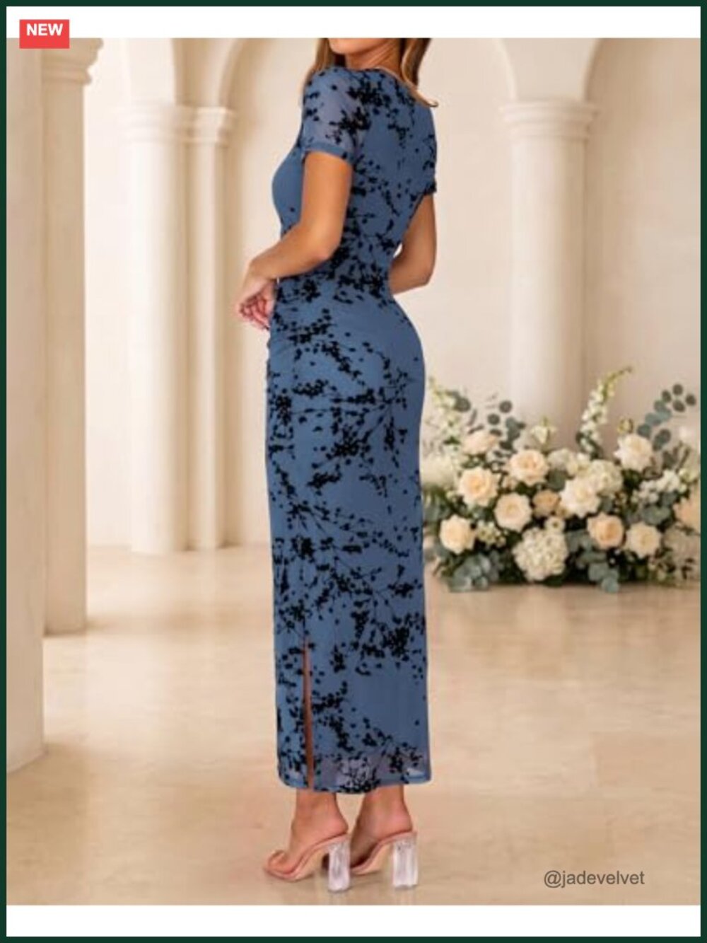 Floral Bodycon Maxi Dress Ruched Mesh Crew Neck Short Sleeve Side Slit Formal - Picture 4 of 6